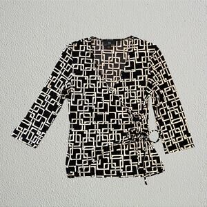 Surplice wrap top square link geometric print, Y2K retroglam romantic